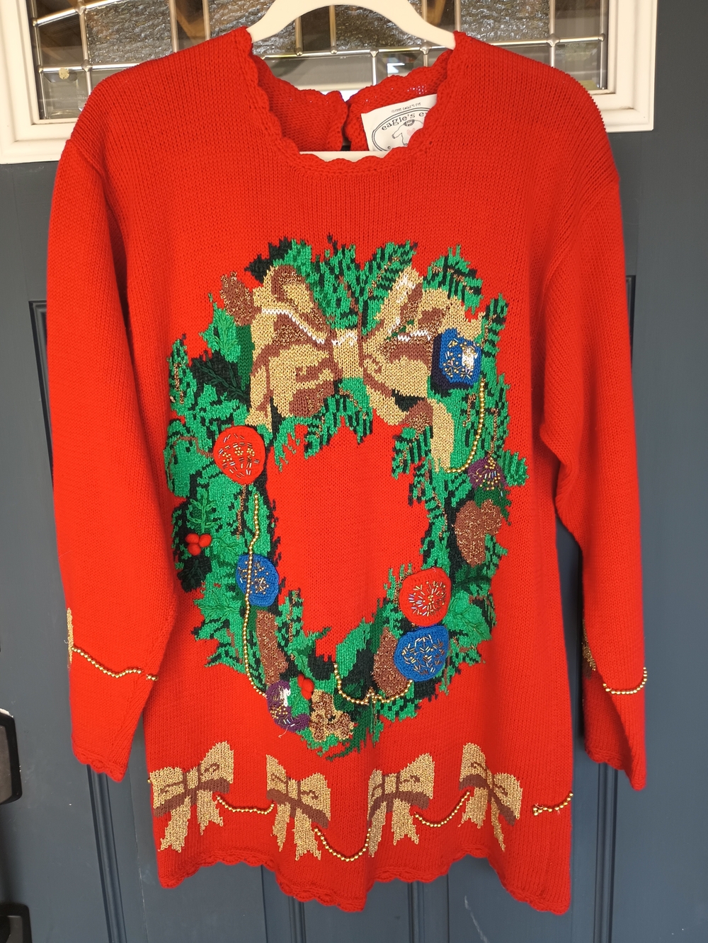 Vintage Eagle's Eye 1995 Beaded Wreath Sweater Holiday Sz M 90s Old Money Retro